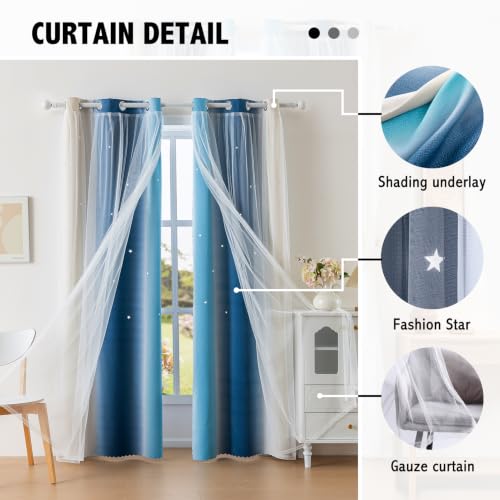 Image of indistar Star Blackout Curtains for Girls Kids Bedroom, Colourful Stripe Window Curtain Panels, 2 Layer Lace Drapes, Room Darkening Curtain for Living Room Decor, 1 Panel（Blue W35 x L63 inch）