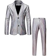 JEMITOP Men's 70s Disco 2 Piece Set Stretchy Shiny Suits Sequin Jacket and Pants