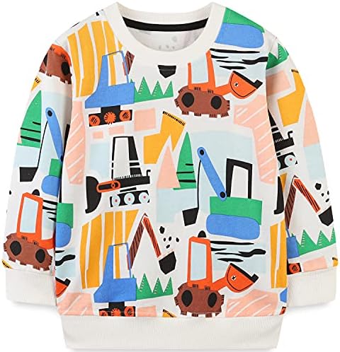 Funnymore Toddler Boy's Crewneck Sweatshirt Clothes,Long Sleeve Shirt Top Outfit White Excavator 3t