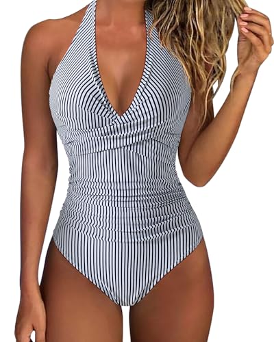 Image of SUUKSESS Women Sexy Tummy Control One Piece Swimsuits Halter Push Up Bathing Suits
