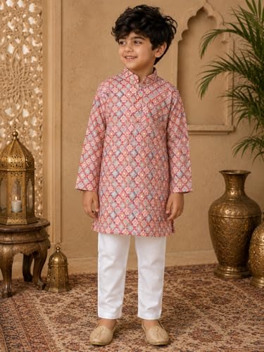 Image of superminis Baby Boys Cotton Golden Embroidery Printed Full Sleeves Kurta with Pyjama Ethnic Wear Set (18-24 Months, Maroon)