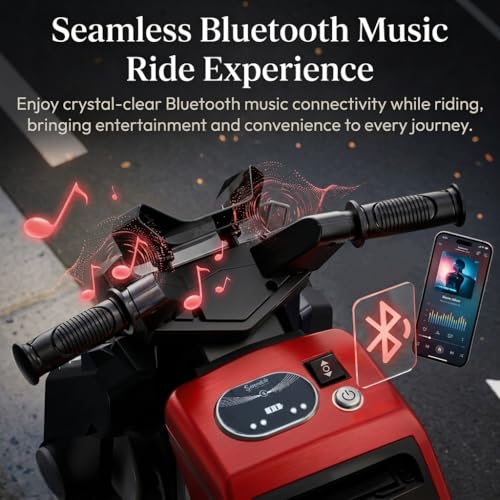 Image of StarAndDaisy Electric Ride-On Bike for Kids, Toddlers & Baby - 3 Wheel Rechargeable 6V Motorcycle with LED Lights, Bluetooth, USB, Foot Acceleration and Comfortable Seat (Red)