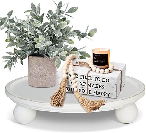 Farmhouse Wood Tray Risers for Display, Wooden Decorative Tray for Kitchen Decor, Pedestal Stand for Countertop, Round Wood Tray with Risers for Soap Dish on Risers, Footed Rustic Cake Stand