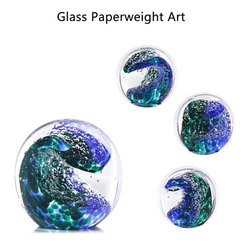 Hand Blown Glass Ocean Waves Glass Ball Beach Office Decor, Blue Glass Paperweight Ideal Beach Decorations for Home, Suitability Seaside Villa Aquarium Ocean Lover's Gift