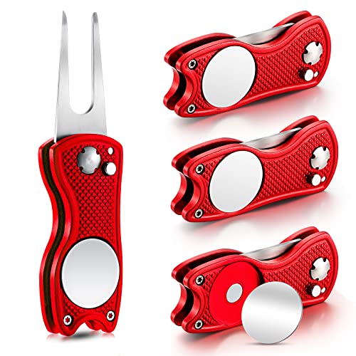 Skylety 4 Pcs Golf Divot Repair Tool Metal Foldable Golf Divot Tool with Magnetic Pop-up Button Ball Marker Stainless Steel Switchblade for Golfers Prizes(Red)