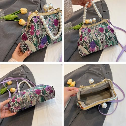 Vintage Embroidered Flower Handbag, Flower Embroidery Handbag with Kiss Lock Closure, Retro Pearl Chain4