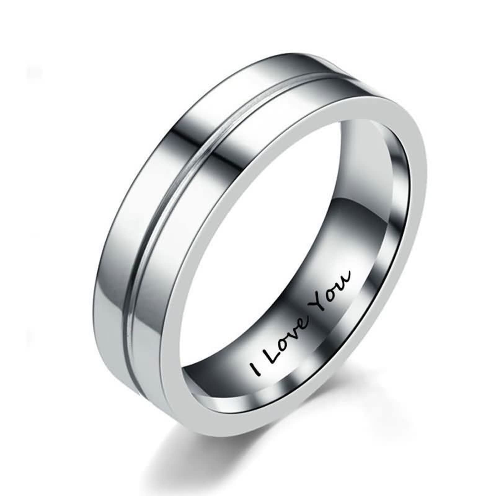 AmDxD Alianza para boda plateada, acero inoxidable, anillo de pareja grabado, I Love You, W54 & M61.5, Acero inoxidable, Sin piedras preciosas