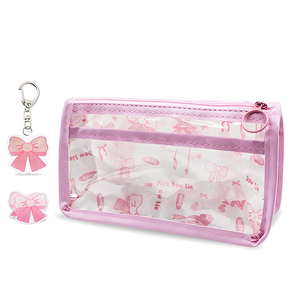 Pink Bow Double Layer Pencil Case, Cute Transparent Pencil Pouch with Charm, Kawaii Clear Stationery Organizer for Girls, Teens, Students, School Supplies Storage Bag, Daily Use Pencil Holder