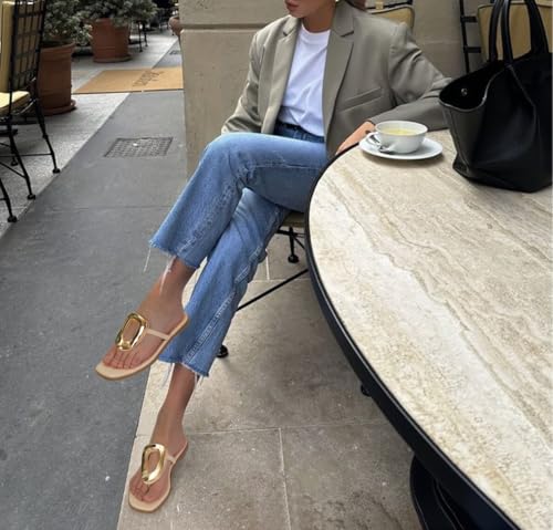 Image of Wnshonzy Flip-Flops for Women Thong Sandals Flat Slip on Slides Beach Comfort Open Square Toe Ladies Slipper Dressy Metal Hardware Decoration Summer Shoes Casual Fashion