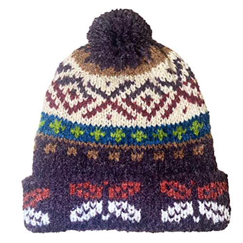 TINKUY Peru Geometric Pom Pom Beanie Authentic Peruvian Alpaca Woolen Bobble Hats for Men and Women Unisex One Size Purple