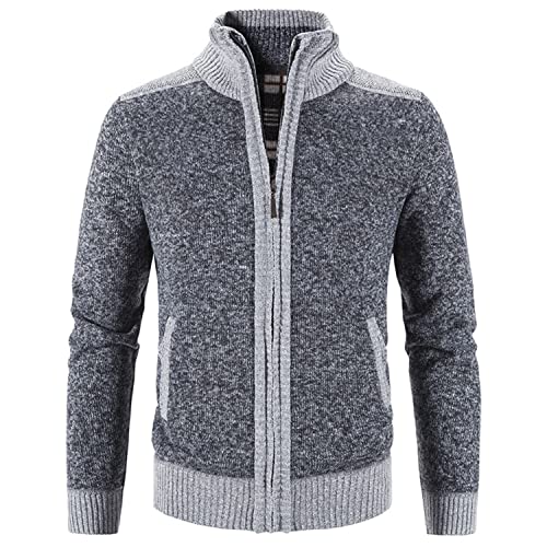Image of Lu's Chic Men's Long Sleeve Cardigan Sweater Thermal Slim Fit Full Zip Quilted Jacket Business Casual Knit Coats Pocket