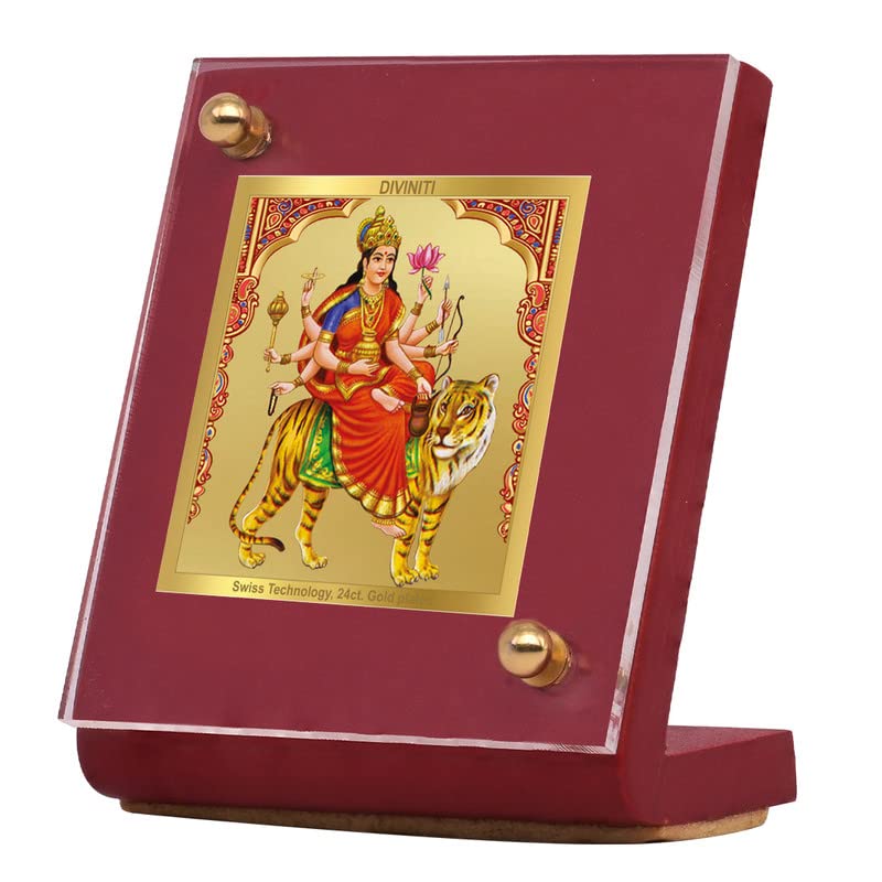 Image of DIVINITI 24K Gold Plated Maa Chandraghanta Photo Frame for Car Dashboard |Premium Religious Idol for Home Office Pooja Room Decor & Spiritual Gift | Size 6 x 5.5 cm