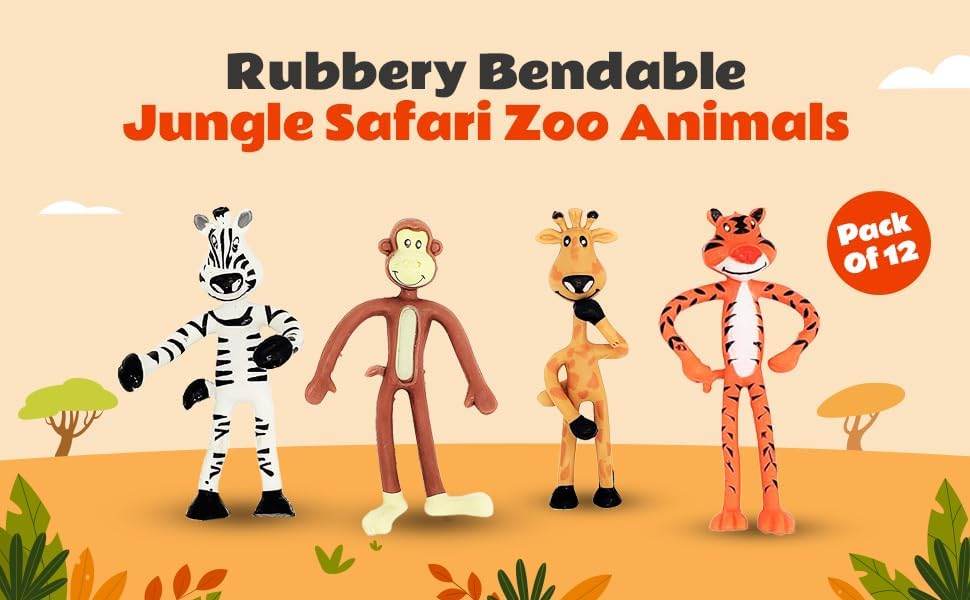 Miniatura 2 de Animales de zoológico de safari de selva de goma flexible de 4 pulgadas (paquete de 12) jirafa, mono, cebra y tigre, figuras flexibles para fiesta