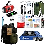 Kit di sopravvivenza completo 2026, zaino emergenza 72 ore per casa e campeggio, con radio solare, fornello da campeggio a gas portatile, 3 lampade, kit di primo soccorso, paracord e coperta termica