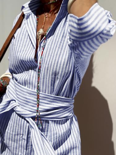 Image of chouyatou Women's Summer 3 /4 Sleeve Striped Shirt Dress Belted Maxi Long Casual Button Down Beach Dress