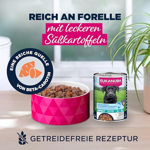 Eukanuba Hundefutter Nass mit Forelle und Süßkartoffeln, Getreidefreies Premium Nassfutter für ausgewachsene Hunde, 6 x 400 g Dosen