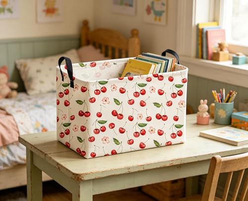 Image of Sanjiaofeng Rectangular Kids Baskets,Pink Cherry Storage Bin,Kids Storage Bins,Collapsible Storage Bin Cute Organizer Box Books Box,Gift Basket,Girl Room Decor(Cherry)