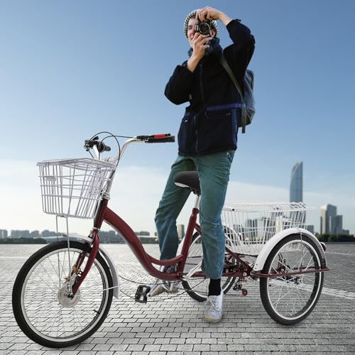 WindWilder 19 Zoll 6-Gang Dreirad für Erwachsene, 3-Rad-Fahrräder Erwachsene Dreirad Tricycle mit Vorne/Hinten Korb, Tragfähigkeit 100kg/220lbs, Höhenverstellbar Dreiräder – Bild 8