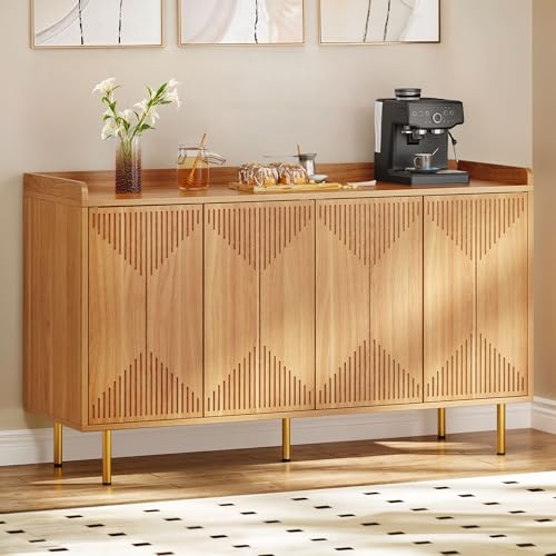 DWVO 55" Kitchen Storage Cabinet, Modern Sideboard Buffet Cabinet with Storage, Adjustable Shelves and Carved Design Doors for Living Room, Dining Room, Natural