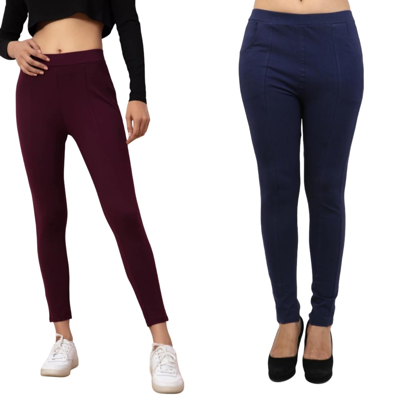 Smiley Fashion Women's Ankle Length Pocket Jeggings - Mid-Waist Stretchable Pants with Pockets, Lightweight, Merwon & Navy (in, Numeric, 32, Regular)-picture-19