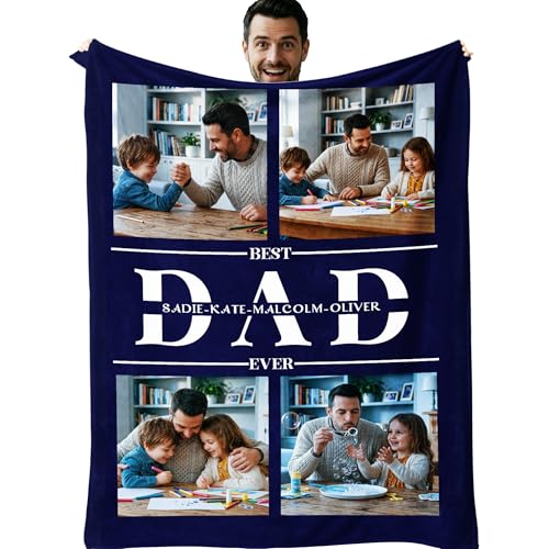 Custom Father's Day Picture Gift Blanket with Photos & Name for Dad, Personalized Ultra-Soft Fleece Throw Blankets, Meaningful Gifts from Daughter Son Wife (8