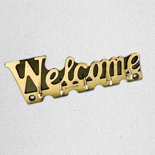 Image of Welcome Key Holder for Wall /Zinc Metal Key Stand with 5 Hooks /Decorative Wall Key Hanger for Home, Entryway & Office /Vintage Style Key Organizer - Brass Antique Finish-| 3 Years Warranty |