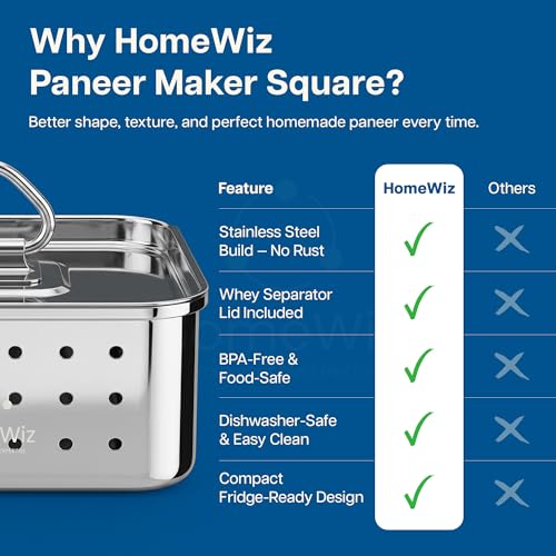 Image of HomeWiz Stainless Steel Paneer Maker 450ml | Paneer Maker Mould Press with Lid | Chrome Finish Technology for Rust Free Paneer Maker | Drainage Holes for Perfect Paneer, Tofu & Cheese | Lifetime Use