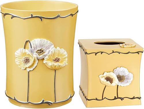 Vista 34 de Zahari Home Juego de 4 piezas de accesorios de baño Poppy Fields amarillos con dispensador de jabón de manos, vaso, soporte para cepillo de dientes