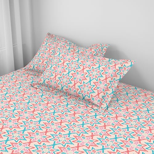 Image of Welspun ENZO Queen Size Fitted Bedsheet with 2 Pillow Covers | 360 Elastic | 100% Pure Cotton | 60 x 78 Inches | Soft, Breathable, Lightweight & Easy Care | Blush