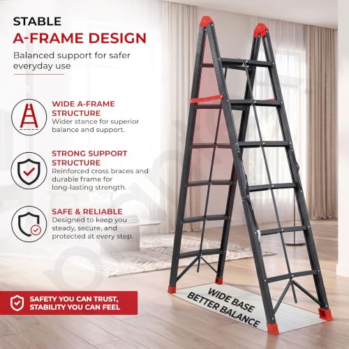 Image of Plantex Ultra fold Ladder for Home 6 Steps /Space-Saving Foldeble Design /Easy to Expand & Collapse /2 Way Step Ladder for Home /Office /Kitchen /Warehouse Use (150 kg Capecity, Black & Red)