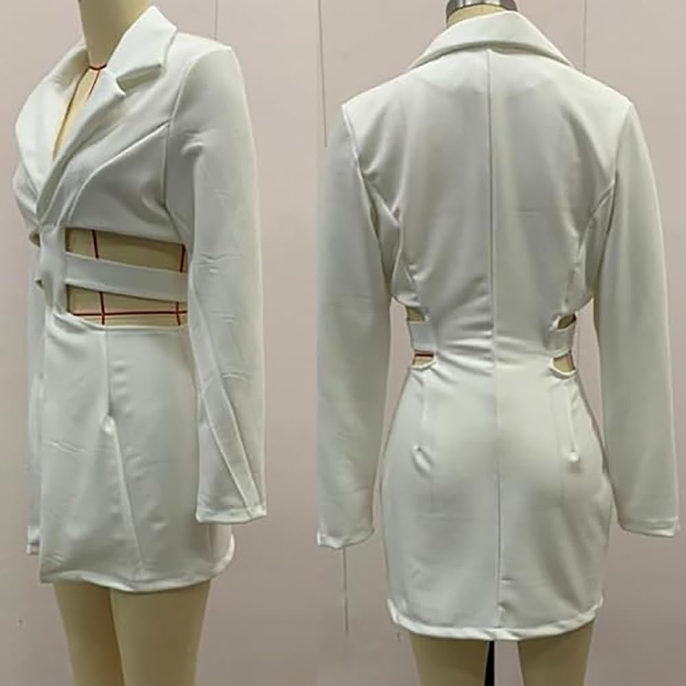 Vestido de Traje con Solapa Hueca, Elegante Minivestido Blazer de Verano para Mujer, Manga Larga, con Aberturas, Escote en V Profundo, Corte A, Sexy