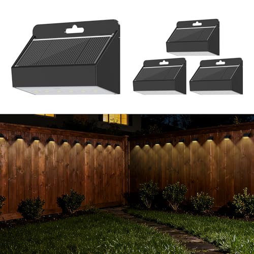 Smiling Shark Luces Solares LED Exterior, Aplique Solar Exterior IP65 Impermeable Lámpara Solar de Pared para Jardín Valla Jardín Escaleras Patio Terraza, Blanco Cálido (4 Piezas)