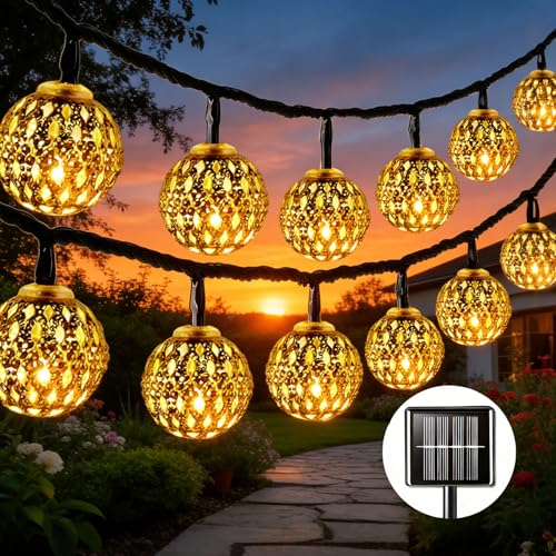 Guirlande Lumineuse Exterieure Solaire Blanc Chaud, IP65 Étanche LED Guirlande Guinguette Exterieur, 8 Modi Doré Marocaine Guirlande Lumineuse Globe für...
