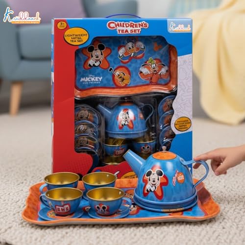 Image of Disney Mickey 14-Piece Childrens Tin Tea Set - Junior Pretend & Play Kitchen Toy for Kids 3+ Years Old - Includes Cups, Saucers, Tray & Coasters - Durable Metal Play Set for Boys & Girls