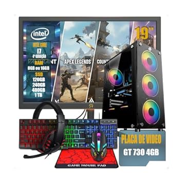 PC Gamer Completo Intel Core i7 4ª Geração, Opções 8GB/16GB RAM, SSD 120GB/240GB/480GB/ 1TB, Placa de Video GT 730 4GB, Windows 11, Monitor LED 19,Teclado e Mouse Gamer, HeadSet (GB, 8, GB, 480)