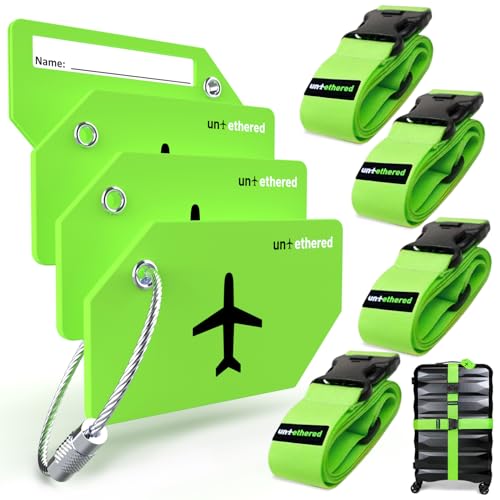 Untethered 4-Pack Luggage Tag Set | Durable Luggage Tags for Suitcases & Travel Bags | Bag Tag & Name ID Identifiers | Suitcase Tags for Easy Luggage Identification (Green - 4 Pack with Straps)