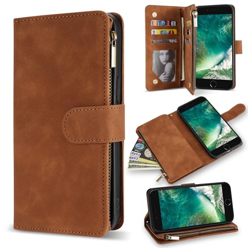 ZZXX iPhone SE 2022(2020)/iPhone 7/iPhone 8 Case Wallet with RFID Blocking Card Slot Soft PU Leather Zipper Flip Folio with Wrist Strap Kickstand Protective for iPhone 8 Wallet Case(Brown-4.7 inch)