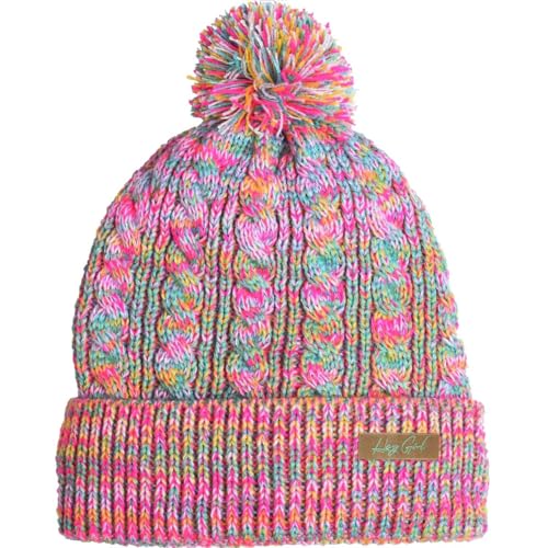 EDTREK Hey Girl Winter Beanie Hat with Silk Satin Fleece Lining Multicolored Pom Poms - One Size for Womens and Kids