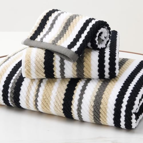 VOOVA & MOVAS Quick Dry Soft Absorbent Black Striped Towel Set (Set of 3) - 100% Cotton Luxury Bathroom Towels (1 Hand Towel 16x27 1 Washcloth 13x13 1 Bath Towel 28x52 with Hanging Loop)