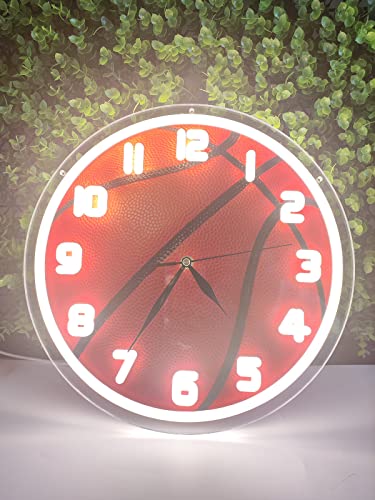 Jomodecor 12 Inch Glowing Neon Light Wall Clock, Silent Non-Ticking Quartz Movement, Battery Operated Decorative Clock For Home Decor Living Room Bedroom Kitchen Office Studio Store - Basketball #TOP1