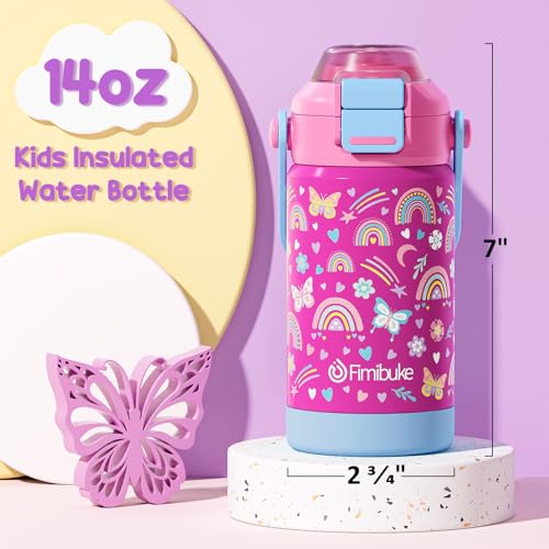 Kids Insulated Water Bottle with Pop-Open Straw & Spout 2-in-1 Lid, 14oz Kids Insulated 18/8 Stainless Steel Water Bottle for School Girls Boys Toddler Water Bottle Leak Proof Kids Cups,Rainbow by Fimibuke - Used condition - Image 5