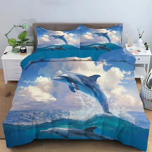 Juego De Ropa De Cama De 135X200Cm, Transpirable, Azul Claro, Funda Nórdica De 3 Piezas con Cremallera Fundas Almohada De 50X75Cm para Niñas Niños, Cielo De Delfines Animales Marinos