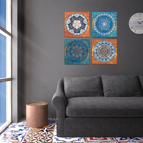 Mandala Canvas Prints Wall Art Boho Indian Décor 4 Pieces Vibrant Blue Flower Painting Pictures Vintage Artwork For Living Room Bedroom Bathroom 12"X12" #TOP4