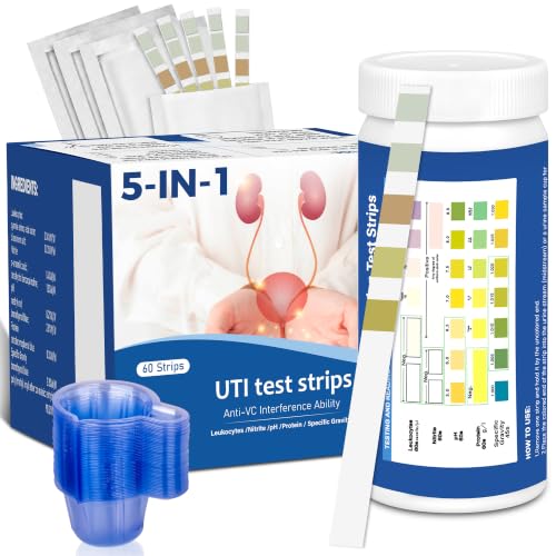 Image of 5-in-1 UTI Test Strips, 60ct Full Panel Urinary Tract Infection Test Kit at Home for Women Men Kids with Cups, Urinalysis Leukocytes, Nitrites, PH, Protein, Specific Gravity