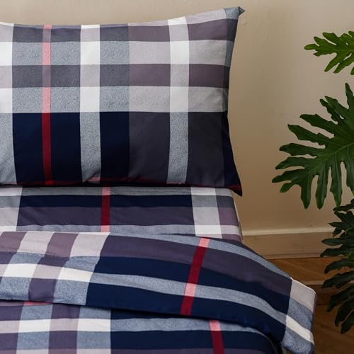 Image of Wellboo Navy Blue Plaid Toddler Bedding Sets for Girls Boys Geometric Tartan 4 Pieces Soft Crib Bed Set Including Comforter, Sheets and Pillowcase Kids Preppy Buffalo Check Quilt Warm
