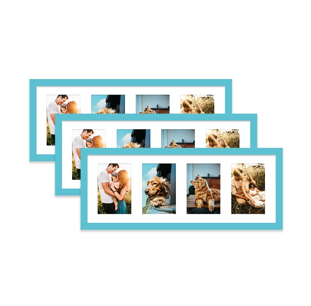 Turquoise Multi Photo Frame - Holds 4 x 6x4 Pictures, Family Collage Picture Frame for Wall Display, 8x22 Panoramic Frame Size, Set of 3