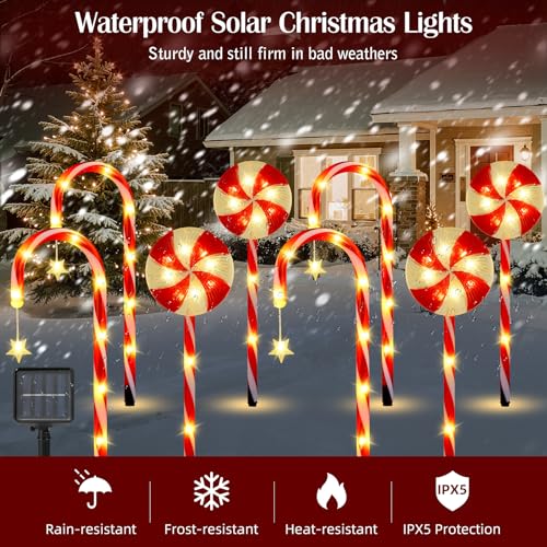 Luxspire Christmas Pathway Lights Outdoor, 8 Pack Solar Walkway Light Waterproof & Auto On/Off, Outdoor Candy Cane Christmas Decorations for Holiday Garden Patio Lawn Yard, Candy Canes by Luxspire - Image 5