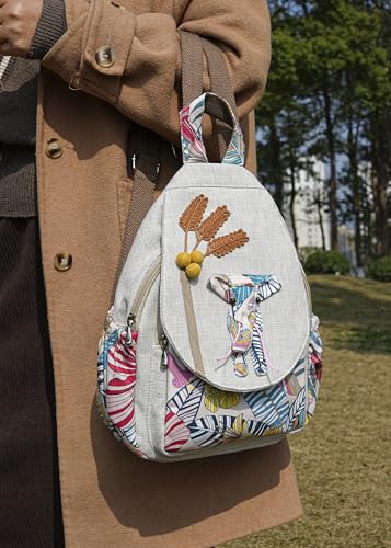 Image of Small Canvas Backpack, Retro Boho Washed Hippie for Women Daily Commute (Colorful Elephant Decorations)