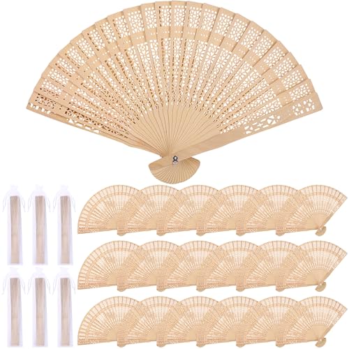 MCEAST 24 Pack Sandalwood Folding Fans Bulk 7.9 Inches Wooden Handheld Fans with Organza Bags Wedding Fans for Bridal Shower Party Favors Events & Gifts