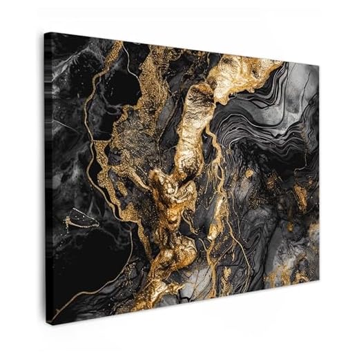 MuchoWow© Impression sur Toile Decoration Murale Peinture 70x50 cm Tableaux Decoratifs Muraux Déco Chambre Tableau Salon Marbre - Noir - Or - Abstrait